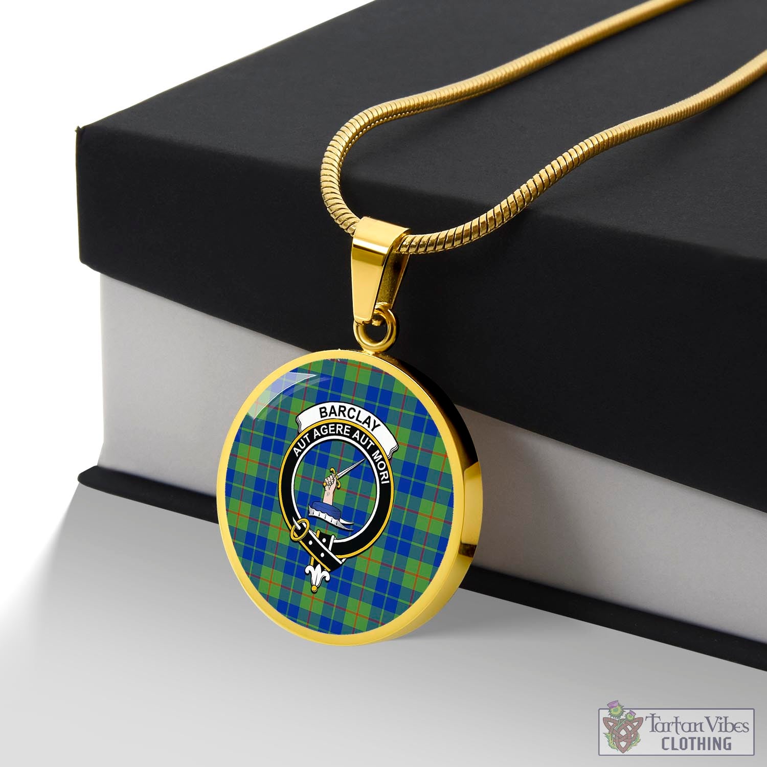 Tartan Vibes Clothing Barclay Hunting Ancient Tartan Circle Necklace with Family Crest