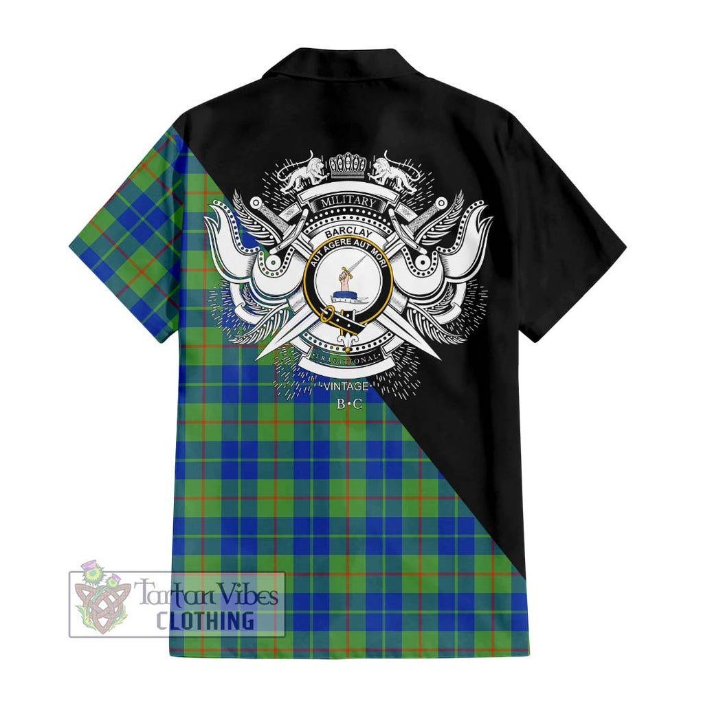 Barclay Hunting Ancient Tartan Short Sleeve Button Shirt with Family Crest and Military Logo Style - Tartanvibesclothing Shop