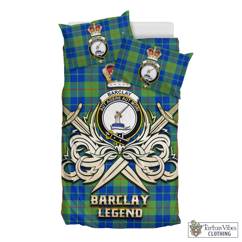 Tartan Vibes Clothing Barclay Hunting Ancient Tartan Bedding Set with Clan Crest and the Golden Sword of Courageous Legacy