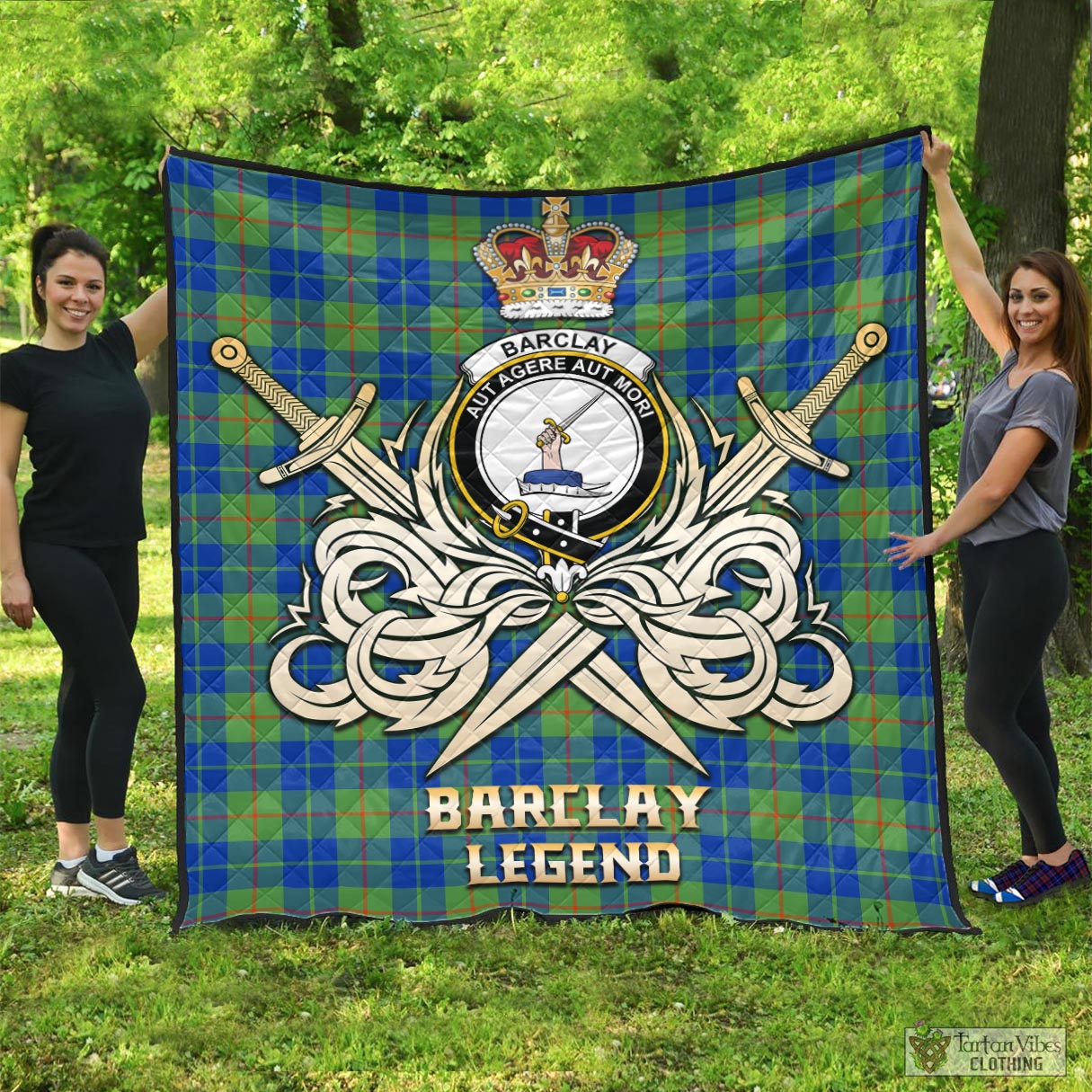 Tartan Vibes Clothing Barclay Hunting Ancient Tartan Quilt with Clan Crest and the Golden Sword of Courageous Legacy