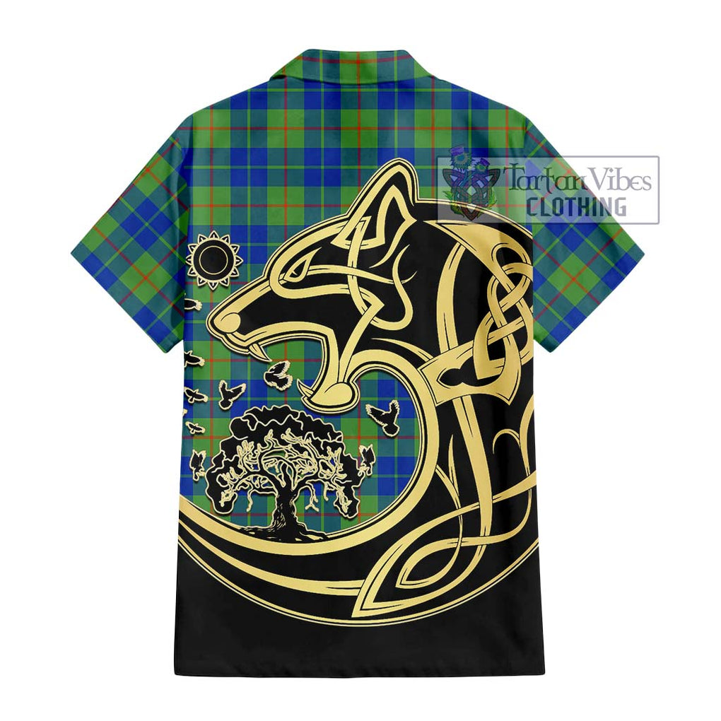 Barclay Hunting Ancient Tartan Short Sleeve Button Shirt with Family Crest Celtic Wolf Style - Tartan Vibes Clothing