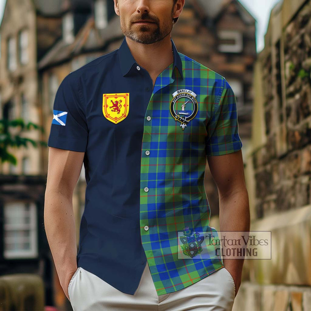 Tartan Vibes Clothing Barclay Hunting Ancient Tartan Short Sleeve Button Shirt with Scottish Lion Royal Arm Half Style