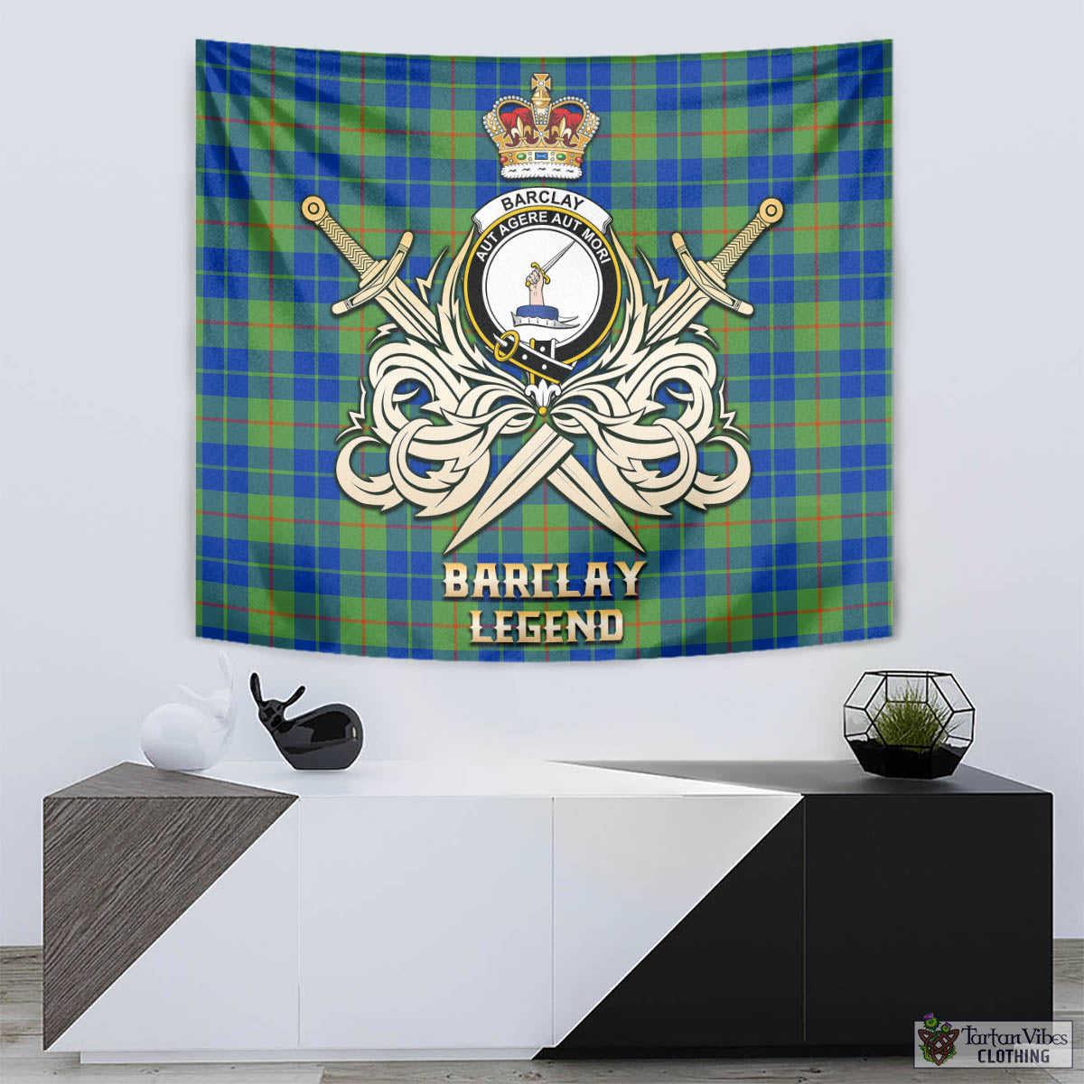 Tartan Vibes Clothing Barclay Hunting Ancient Tartan Tapestry with Clan Crest and the Golden Sword of Courageous Legacy