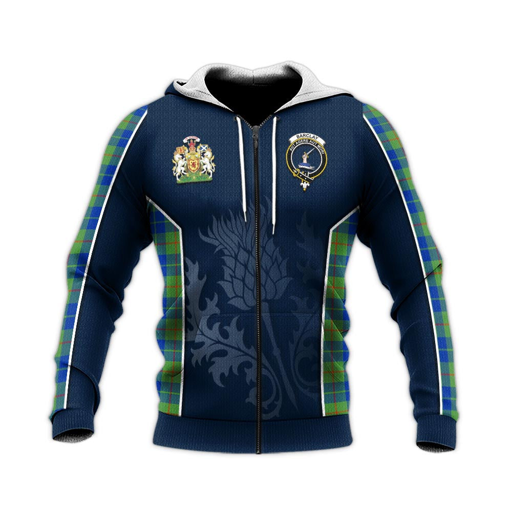 Tartan Vibes Clothing Barclay Hunting Ancient Tartan Knitted Hoodie with Family Crest and Scottish Thistle Vibes Sport Style