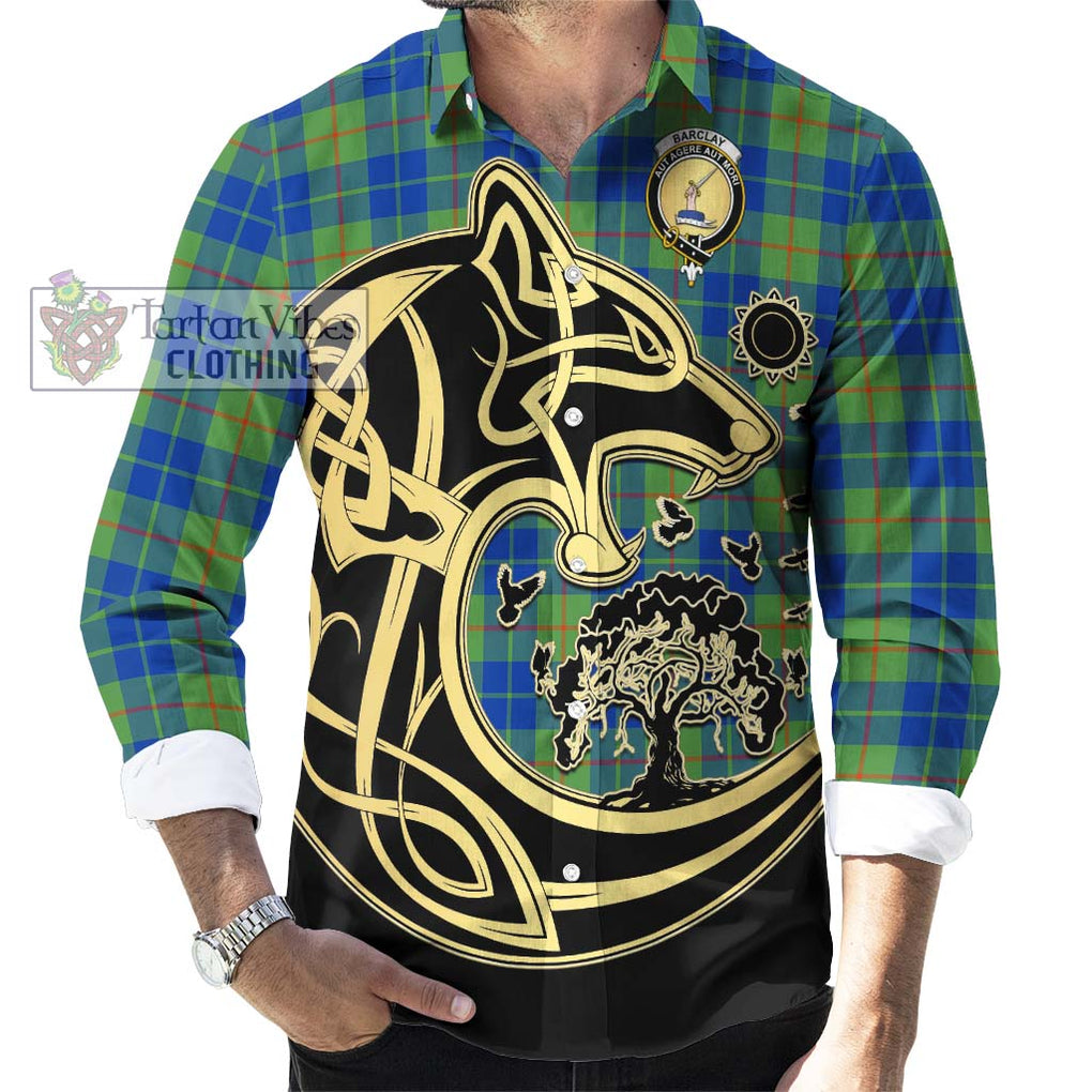 Barclay Hunting Ancient Tartan Long Sleeve Button Shirt with Family Crest Celtic Wolf Style - Tartan Vibes Clothing