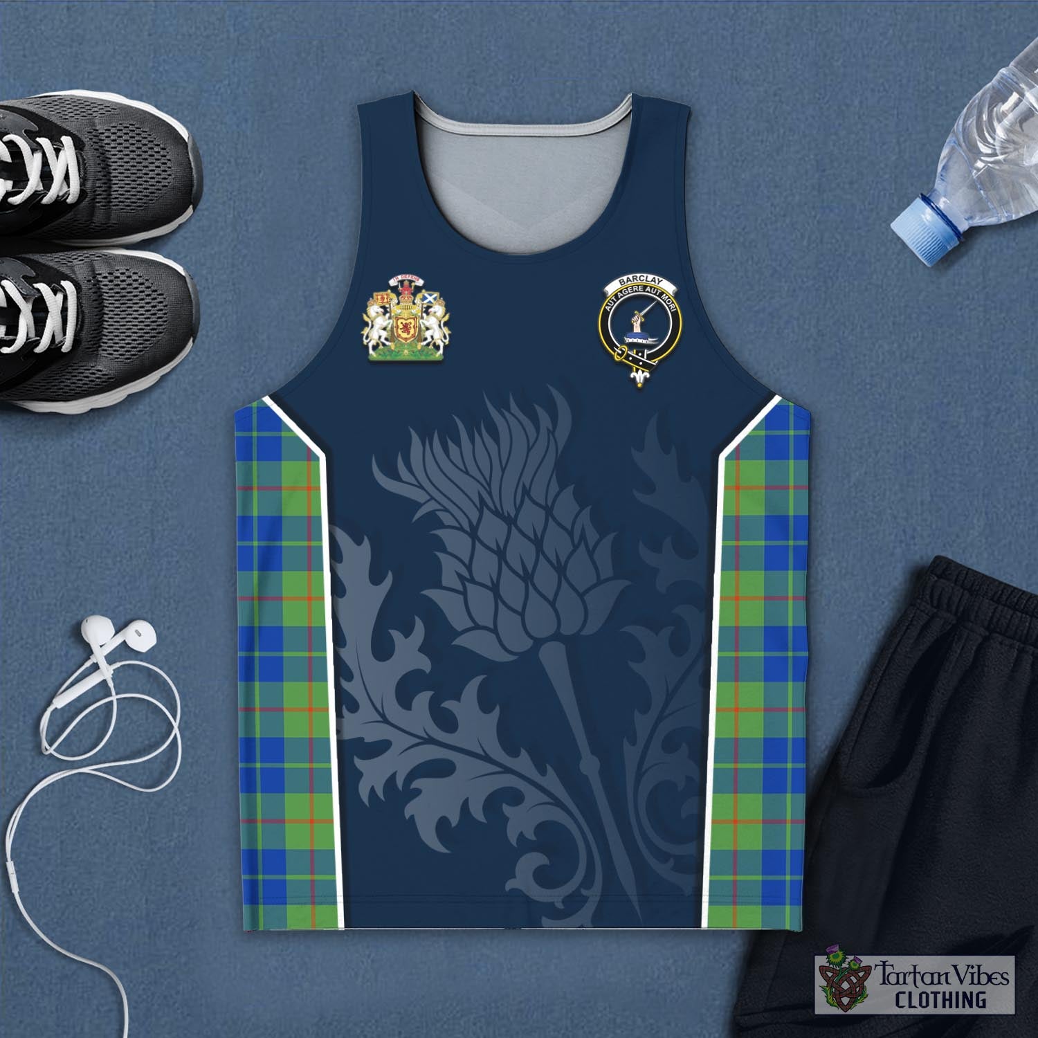 Tartan Vibes Clothing Barclay Hunting Ancient Tartan Men's Tanks Top with Family Crest and Scottish Thistle Vibes Sport Style