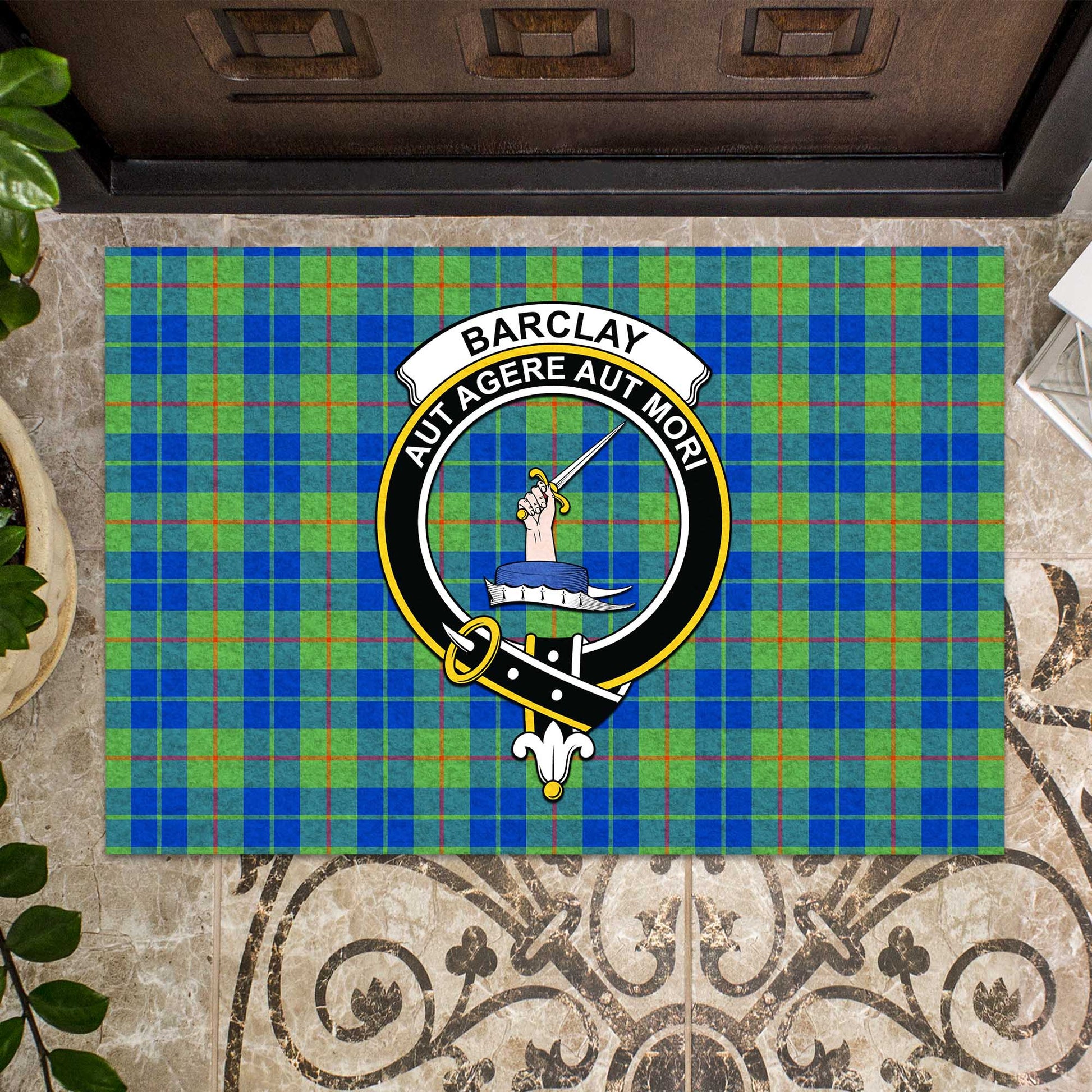 Barclay Hunting Ancient Tartan Door Mat with Family Crest - Tartanvibesclothing