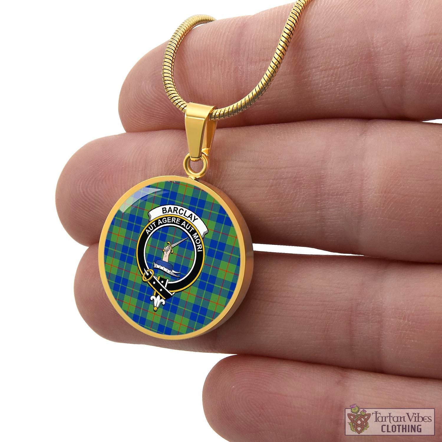 Tartan Vibes Clothing Barclay Hunting Ancient Tartan Circle Necklace with Family Crest