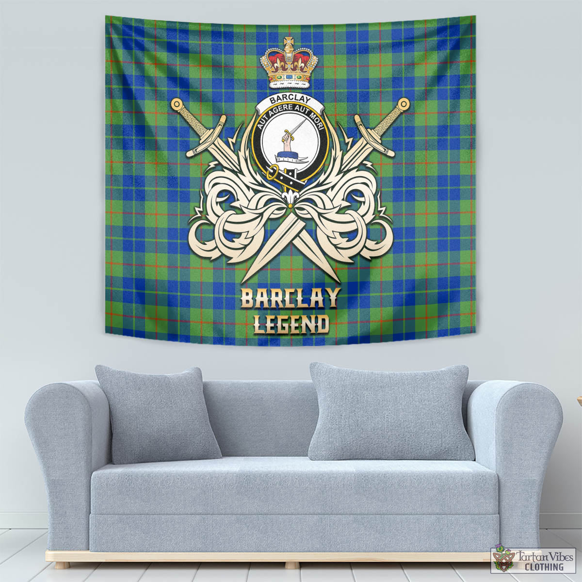 Tartan Vibes Clothing Barclay Hunting Ancient Tartan Tapestry with Clan Crest and the Golden Sword of Courageous Legacy