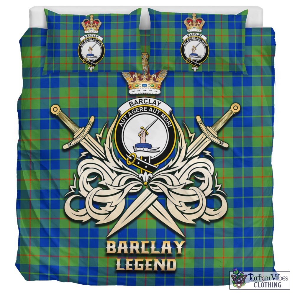 Tartan Vibes Clothing Barclay Hunting Ancient Tartan Bedding Set with Clan Crest and the Golden Sword of Courageous Legacy