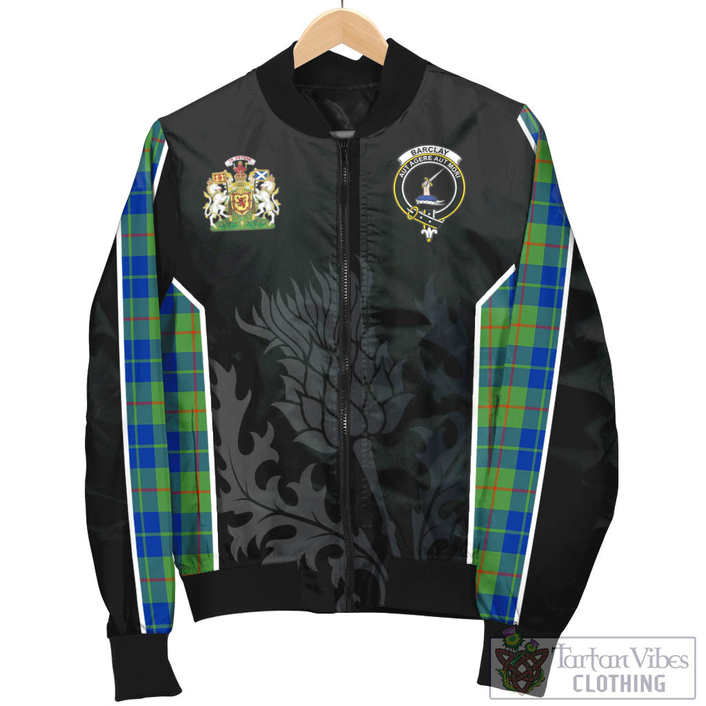 Tartan Vibes Clothing Barclay Hunting Ancient Tartan Bomber Jacket with Family Crest and Scottish Thistle Vibes Sport Style