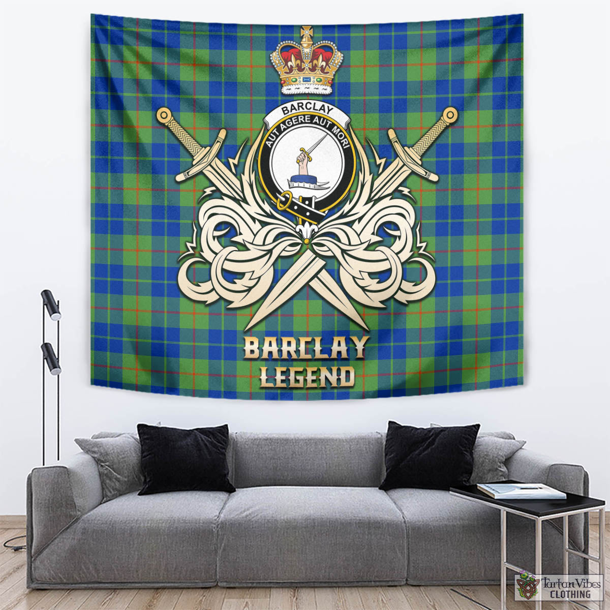 Tartan Vibes Clothing Barclay Hunting Ancient Tartan Tapestry with Clan Crest and the Golden Sword of Courageous Legacy