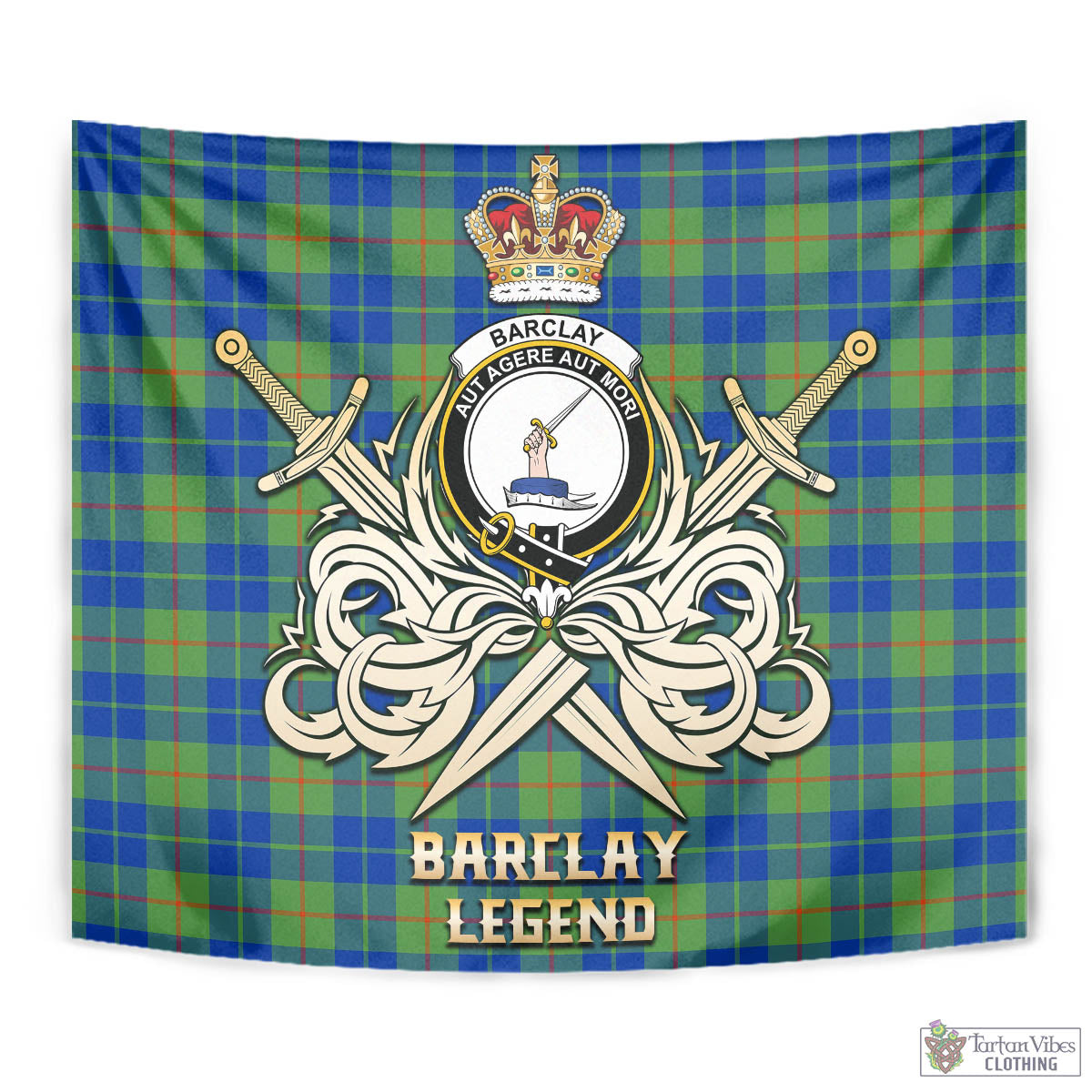 Tartan Vibes Clothing Barclay Hunting Ancient Tartan Tapestry with Clan Crest and the Golden Sword of Courageous Legacy