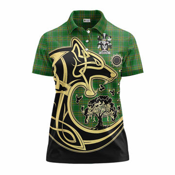 Barlow Irish Tartan Women's Polo Shirt with Coat of Arms Celtic Wolf Style Women - Tartan Vibes Clothing