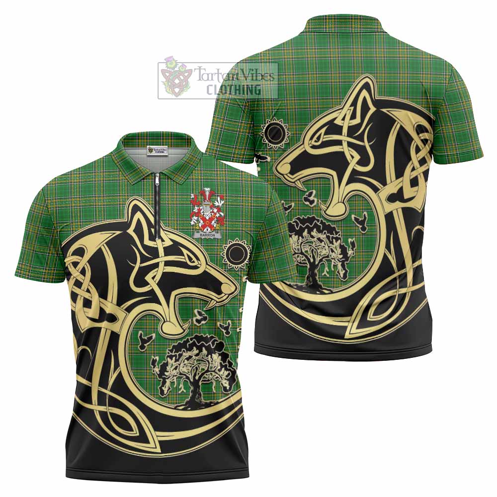 Barron Irish Tartan Zipper Polo Shirt with Coat of Arms Celtic Wolf Style - Tartan Vibes Clothing