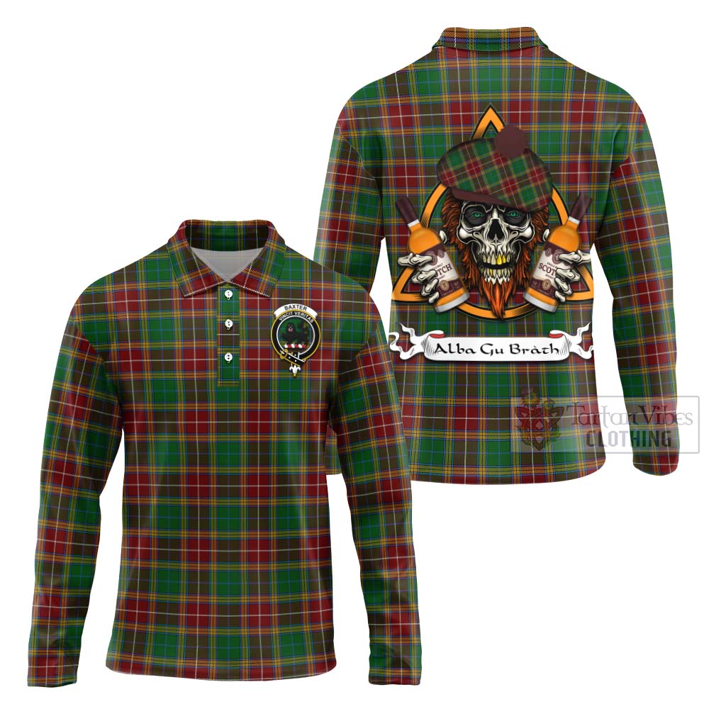 Tartan Vibes Clothing Baxter Tartan Long Sleeve Polo Shirt with Family Crest and Bearded Skull Holding Bottles of Whiskey