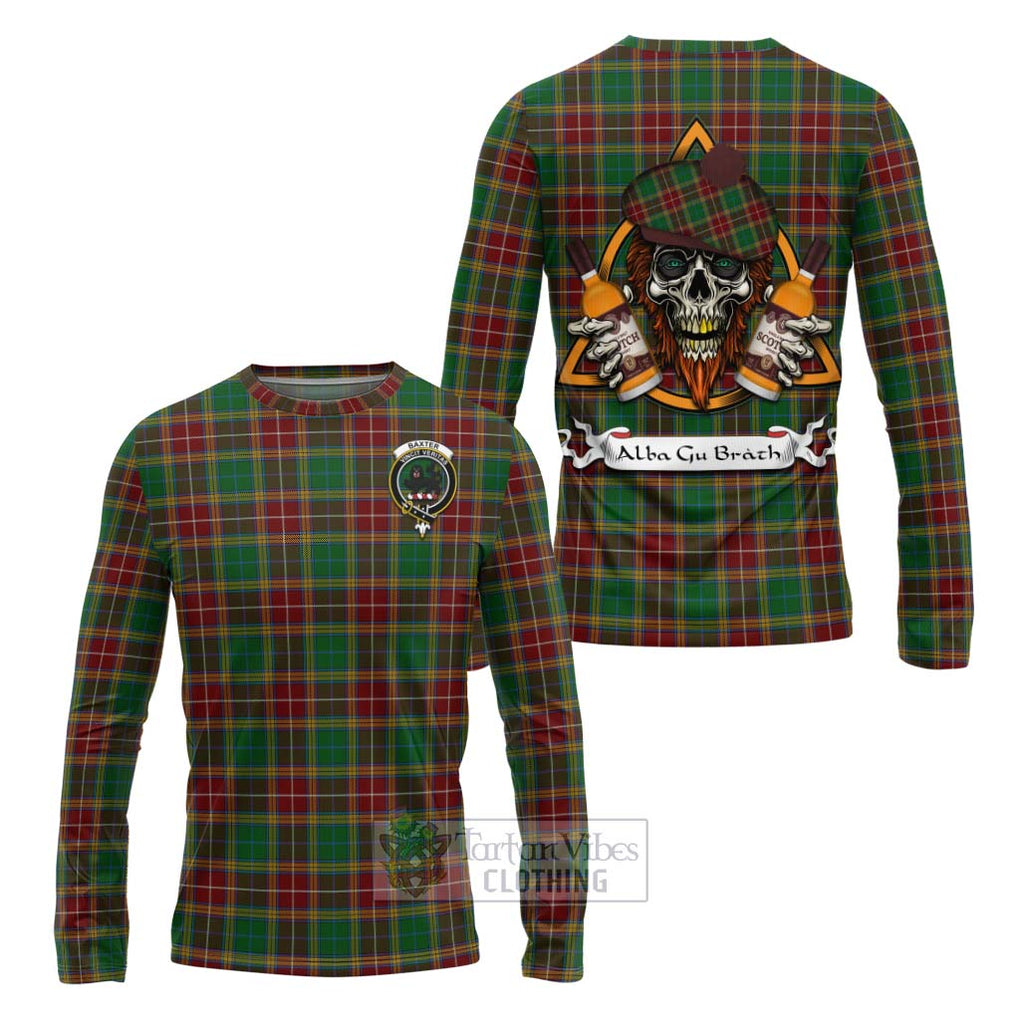 Tartan Vibes Clothing Baxter Tartan Long Sleeve T-Shirt with Family Crest and Bearded Skull Holding Bottles of Whiskey