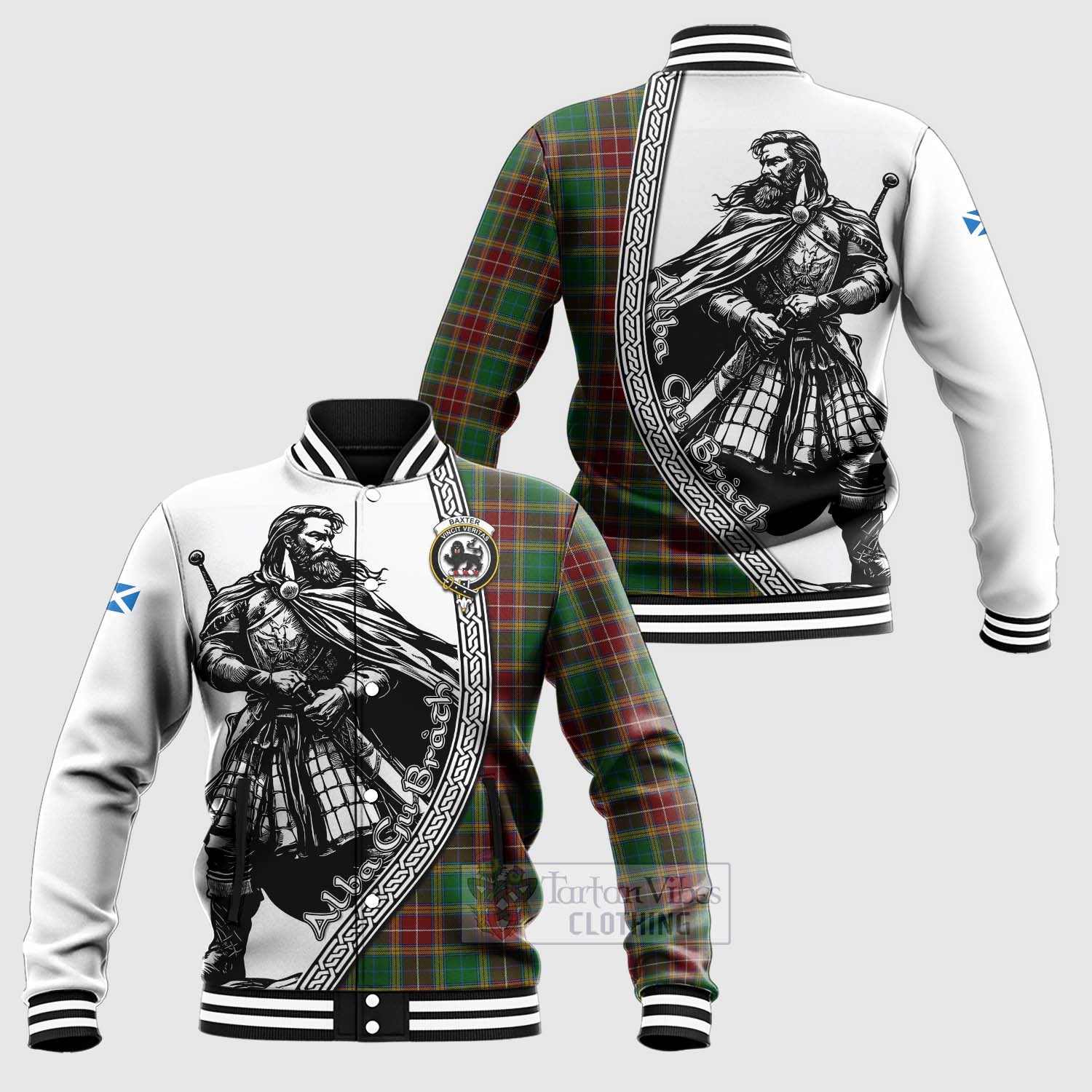 Tartan Vibes Clothing Baxter Tartan Clan Crest Baseball Jacket with Highlander Warrior Celtic Style