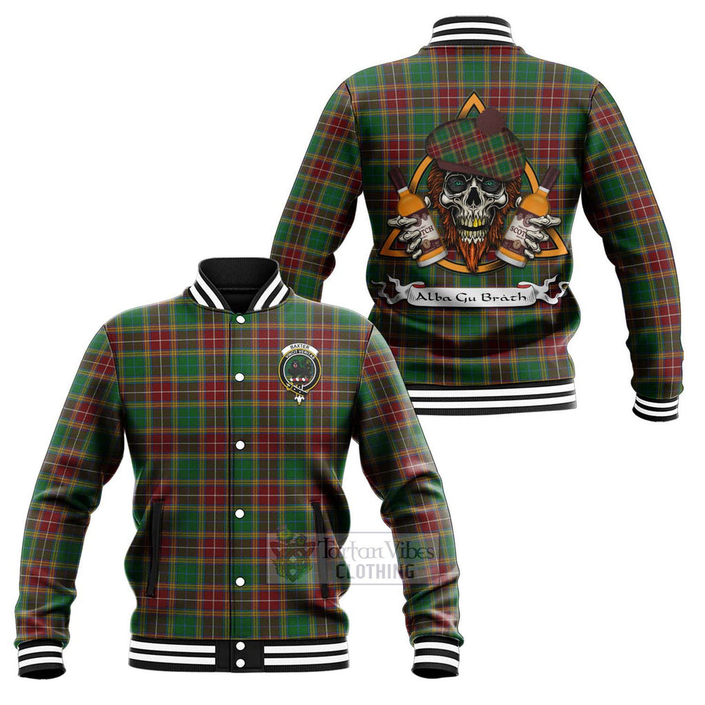 Tartan Vibes Clothing Baxter Tartan Baseball Jacket with Family Crest and Bearded Skull Holding Bottles of Whiskey