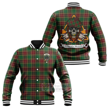 Baxter Tartan Baseball Jacket with Family Crest and Bearded Skull Holding Bottles of Whiskey