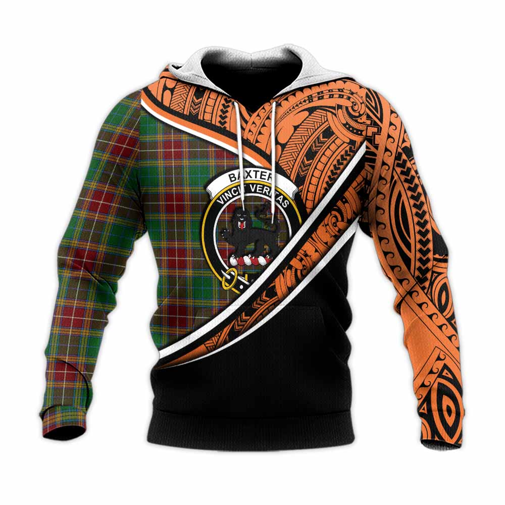 Tartan Vibes Clothing Baxter Crest Tartan Knitted Hoodie with Maori Tattoo Style - Orange Version