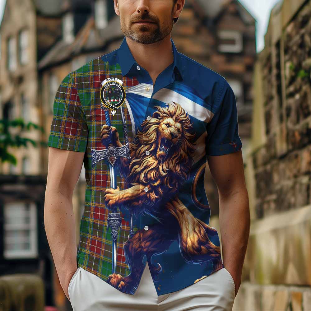 Tartan Vibes Clothing Baxter Tartan Family Crest Short Sleeve Button Shirt with Scottish Majestic Lion