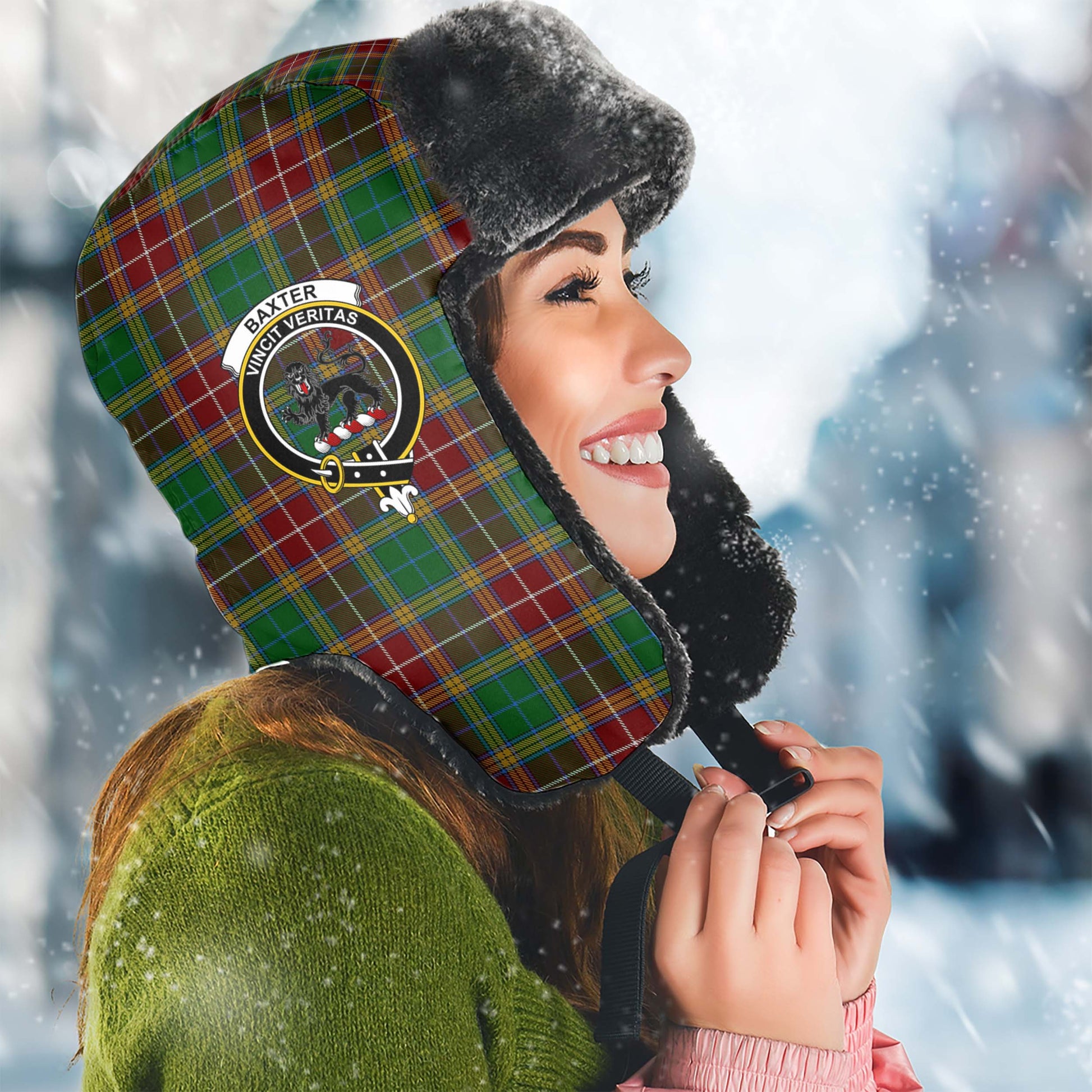 Baxter Tartan Winter Trapper Hat with Family Crest Winter Trapper Hat Universal Fit Circumference 22.8in (58cm) - Tartanvibesclothing