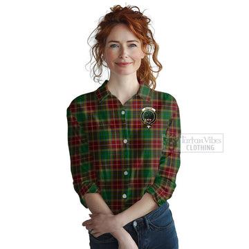 Baxter Tartan Women's Casual Shirt with Family Crest and Bearded Skull Holding Bottles of Whiskey