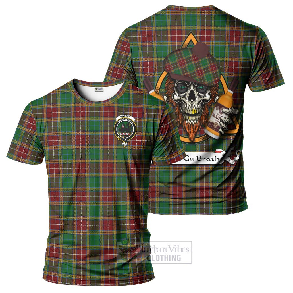 Tartan Vibes Clothing Baxter Tartan T-Shirt with Family Crest and Bearded Skull Holding Bottles of Whiskey