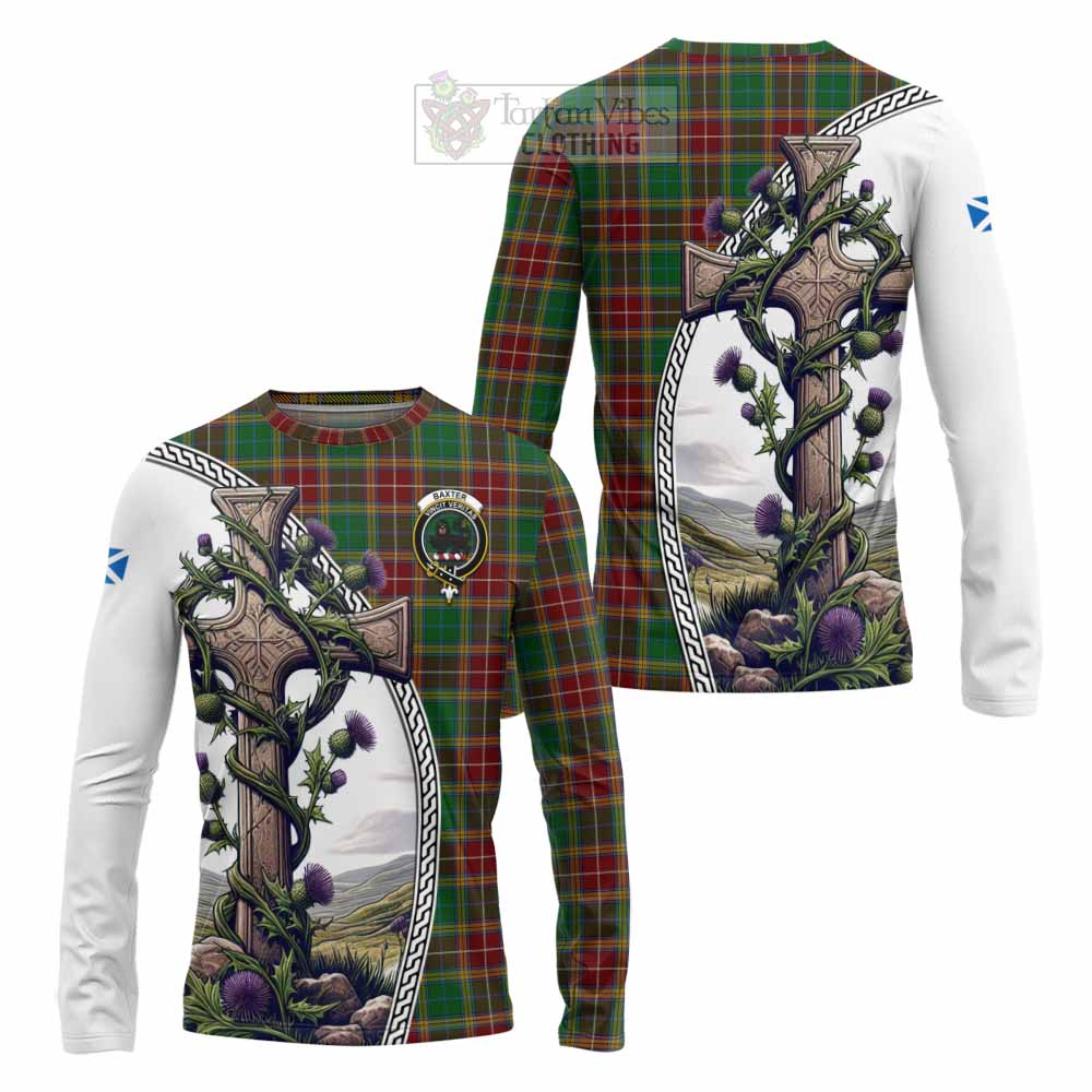 Tartan Vibes Clothing Baxter Tartan Long Sleeve T-Shirt with Family Crest and St. Andrew's Cross Accented by Thistle Vines