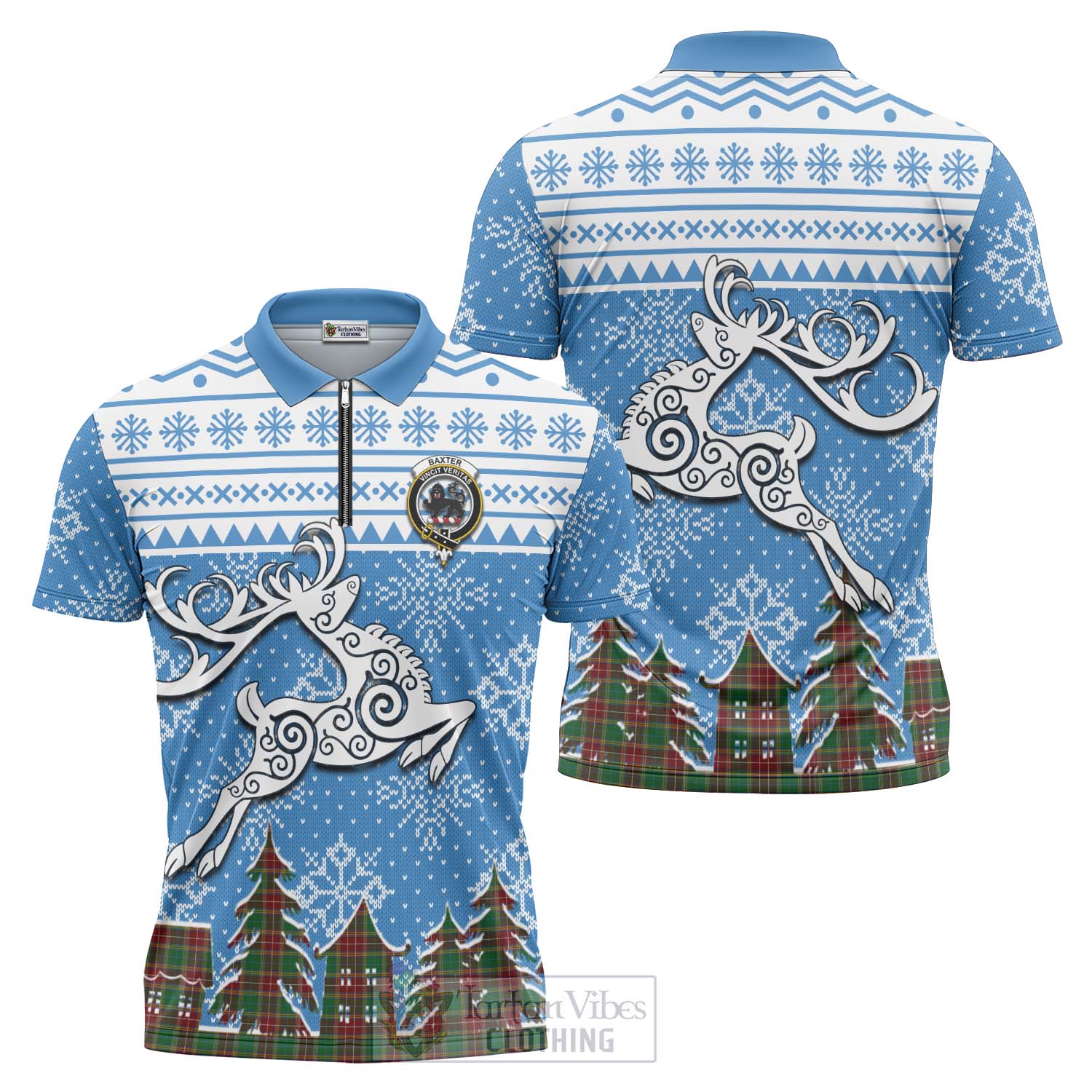 Tartan Vibes Clothing Baxter Clan Christmas Zipper Polo Shirt Celtic Reindeer Style