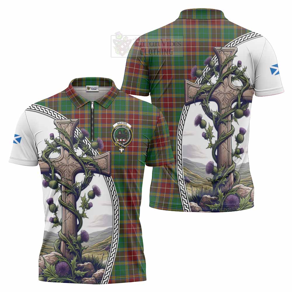 Tartan Vibes Clothing Baxter Tartan Zipper Polo Shirt with Family Crest and St. Andrew's Cross Accented by Thistle Vines