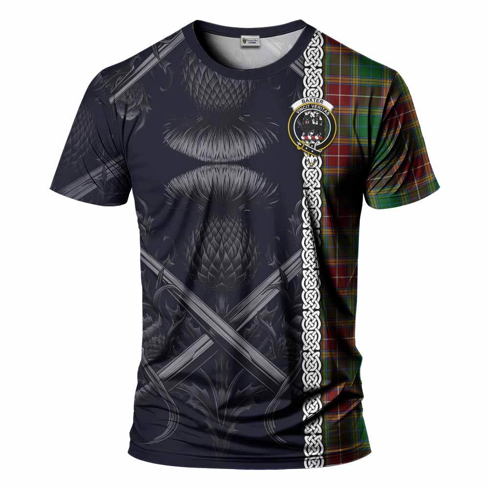 Tartan Vibes Clothing Baxter Tartan T-Shirt with Family Crest Cross Sword Thistle Celtic Vibes