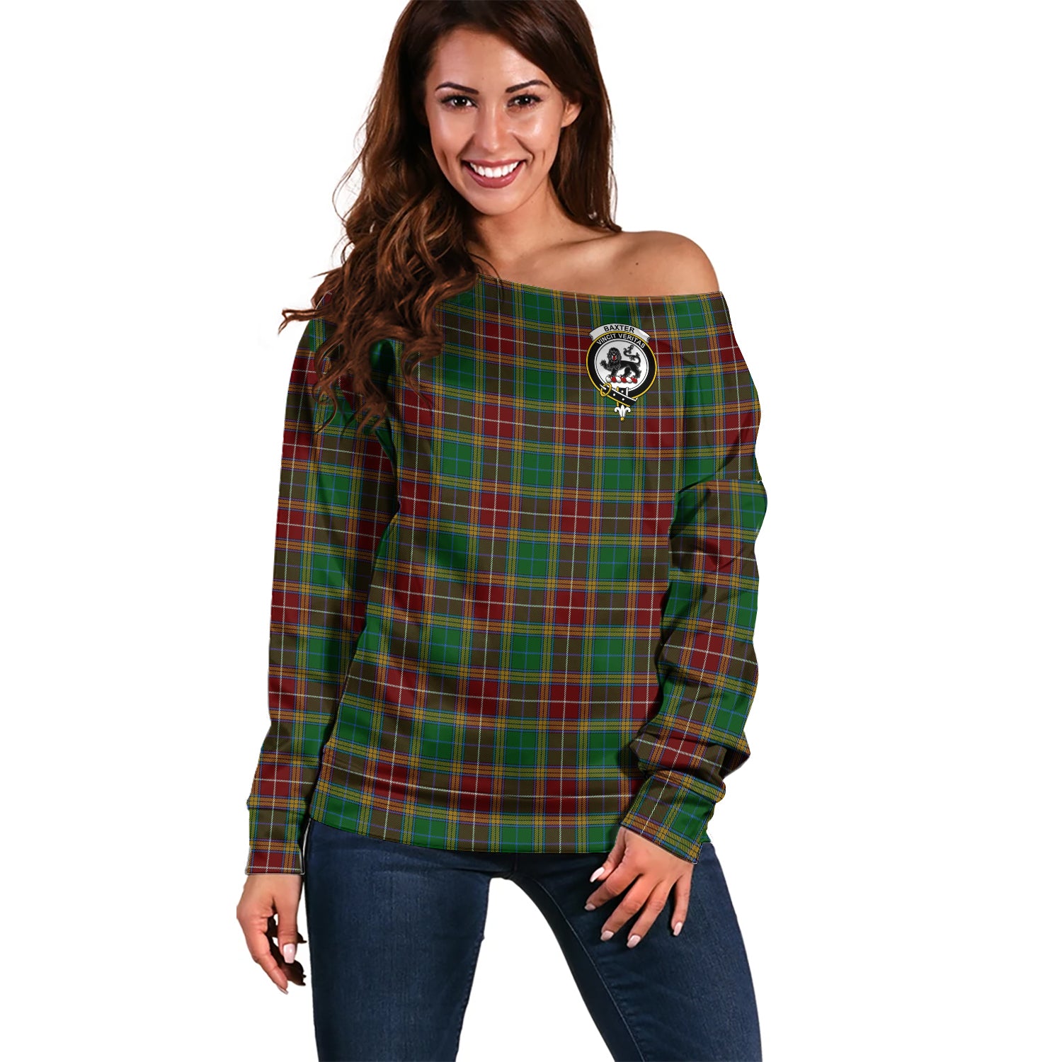 Baxter Tartan Off Shoulder Women Sweater with Family Crest Women - Tartanvibesclothing