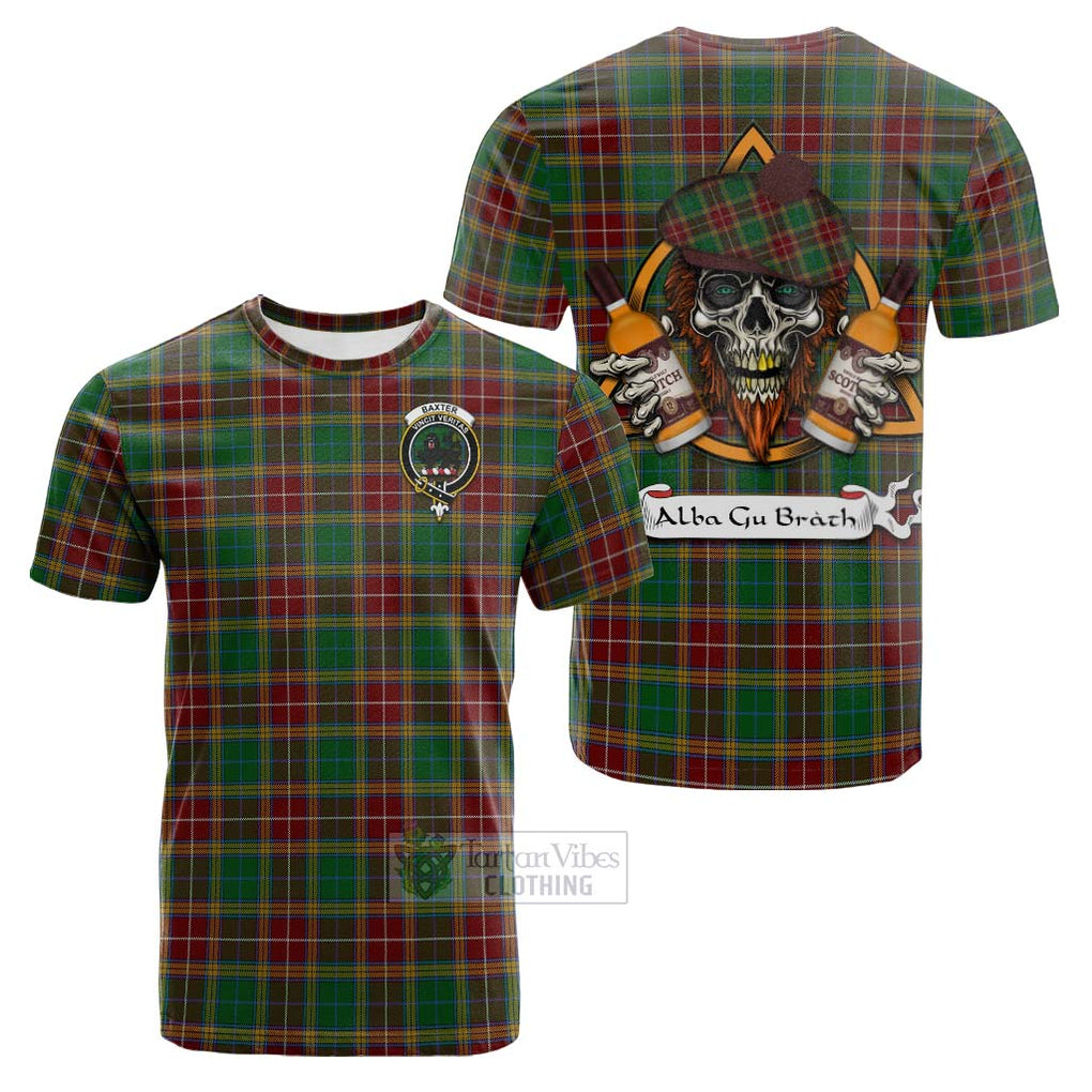 Tartan Vibes Clothing Baxter Tartan Cotton T-shirt with Family Crest and Bearded Skull Holding Bottles of Whiskey