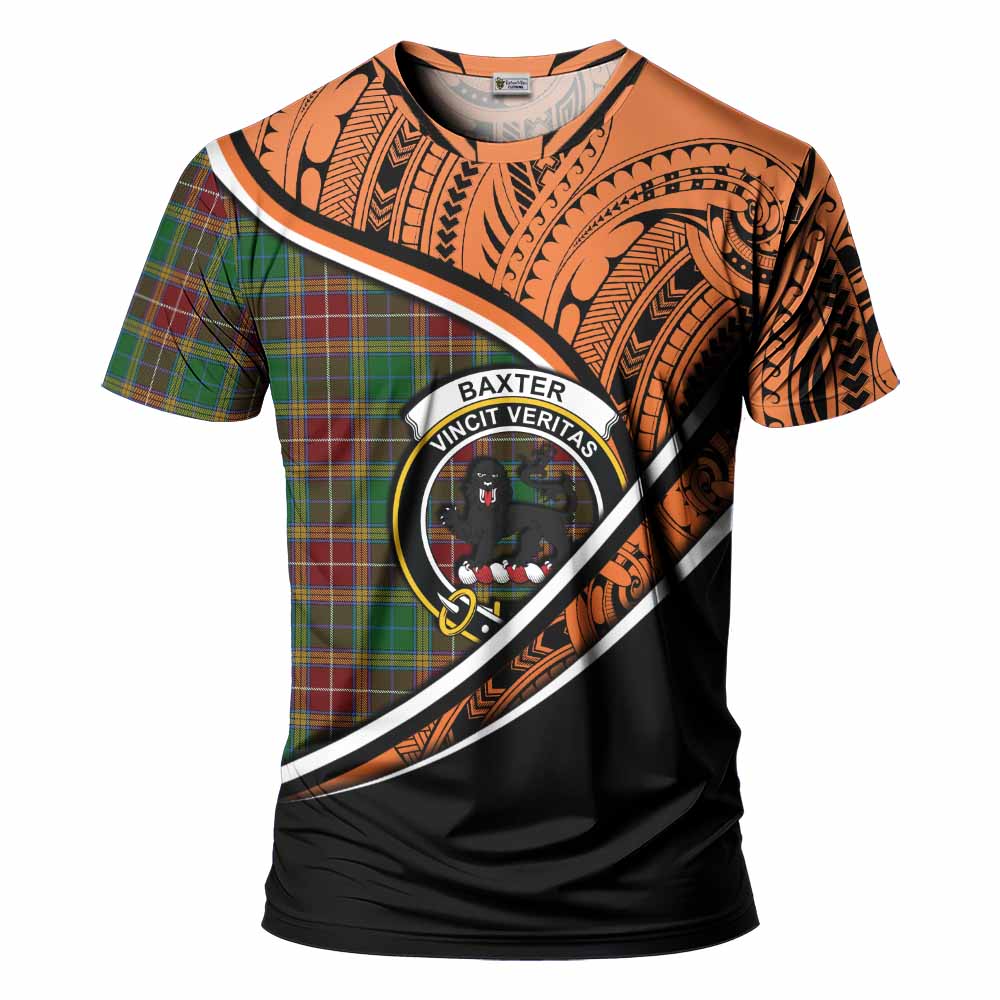 Tartan Vibes Clothing Baxter Crest Tartan T-Shirt with Maori Tattoo Style - Orange Version