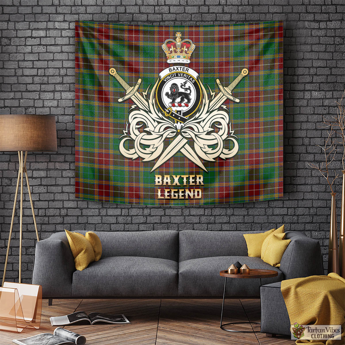 Tartan Vibes Clothing Baxter Tartan Tapestry with Clan Crest and the Golden Sword of Courageous Legacy