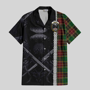 Baxter Tartan Short Sleeve Button Shirt with Family Crest Cross Sword Thistle Celtic Vibes