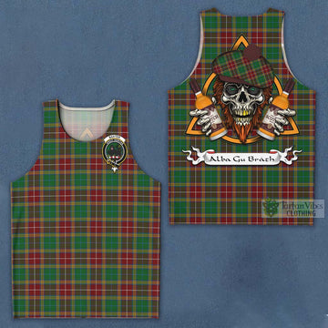 Baxter Tartan Men's Tank Top with Family Crest and Bearded Skull Holding Bottles of Whiskey