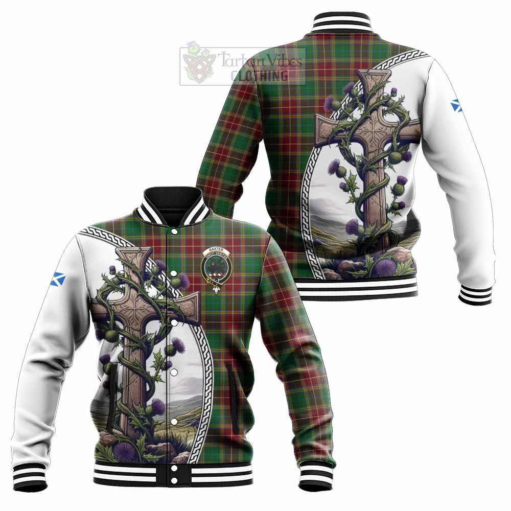 Tartan Vibes Clothing Baxter Tartan Baseball Jacket with Family Crest and St. Andrew's Cross Accented by Thistle Vines