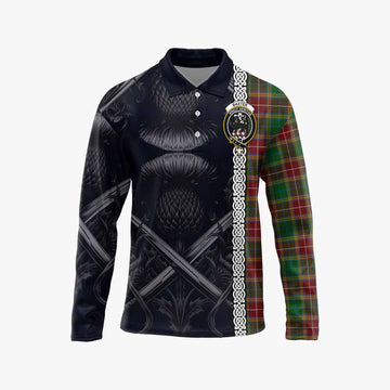 Baxter Tartan Long Sleeve Polo Shirt with Family Crest Cross Sword Thistle Celtic Vibes