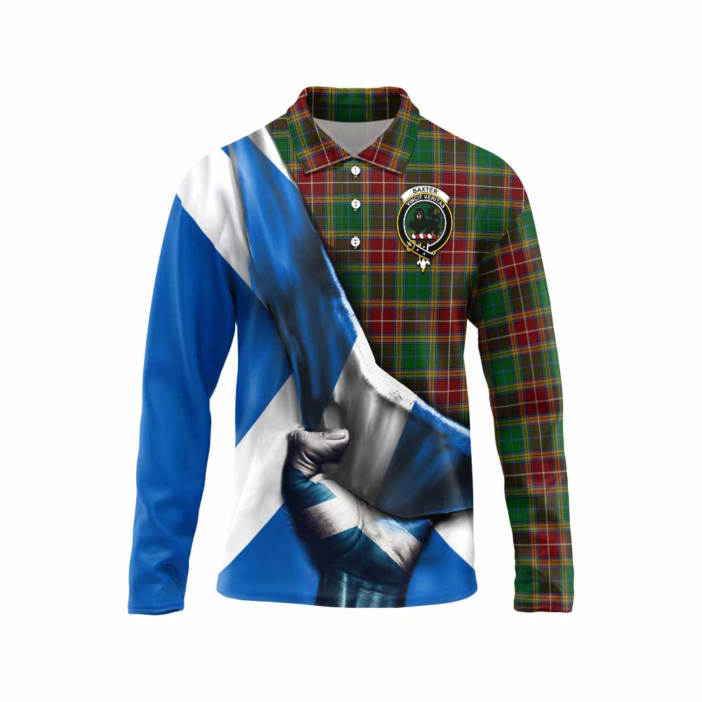 Tartan Vibes Clothing Baxter Tartan Long Sleeve Polo Shirt with Family Crest Scotland Patriotic Style