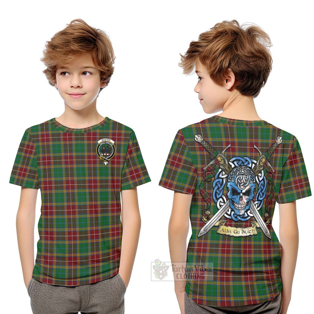 Tartan Vibes Clothing Baxter Tartan Kid T-Shirt with Family Crest Celtic Skull Style