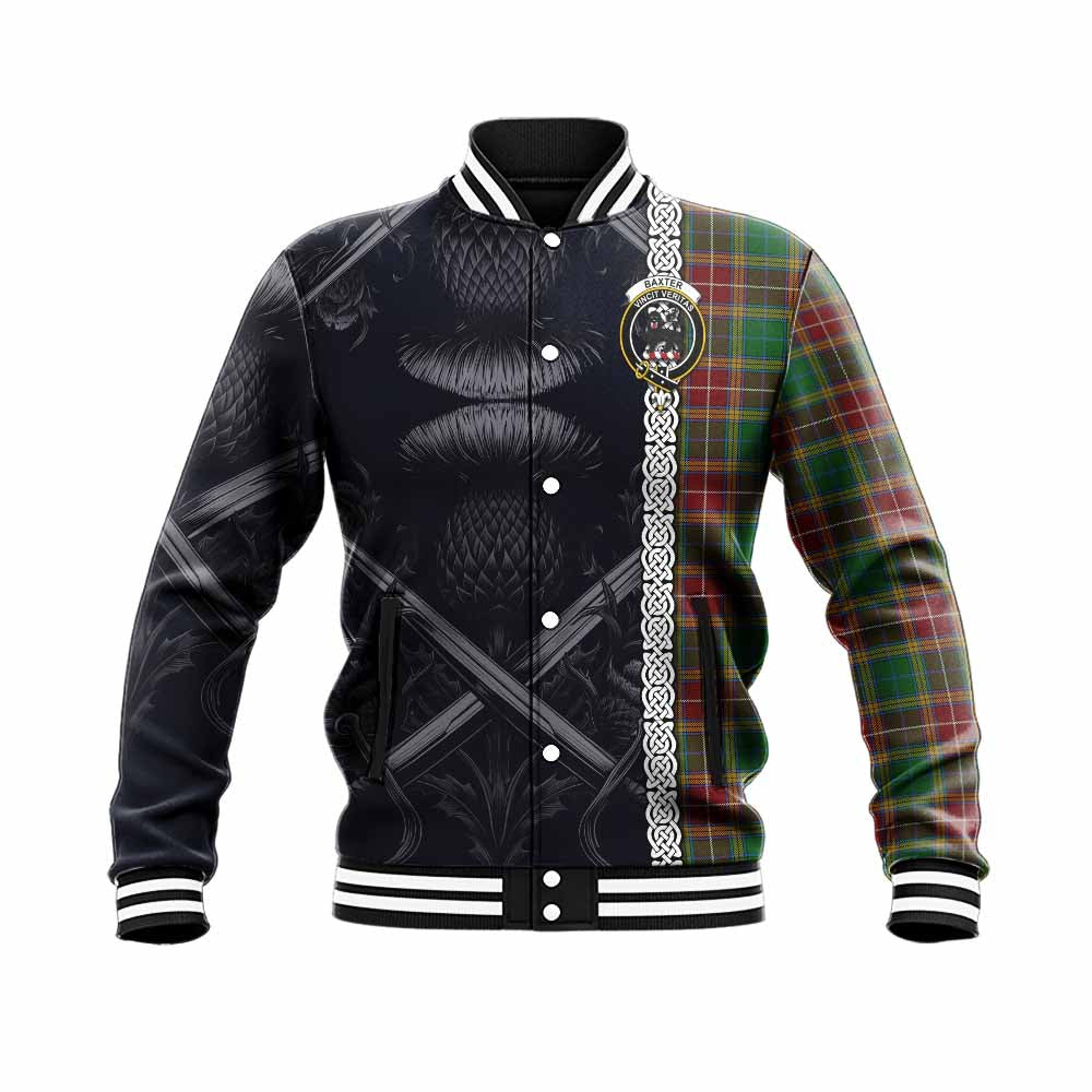 Baxter Tartan Baseball Jacket with Family Crest Cross Sword Thistle Celtic Vibes Unisex - Tartan Vibes Clothing