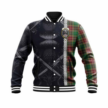 Baxter Tartan Baseball Jacket with Family Crest Cross Sword Thistle Celtic Vibes