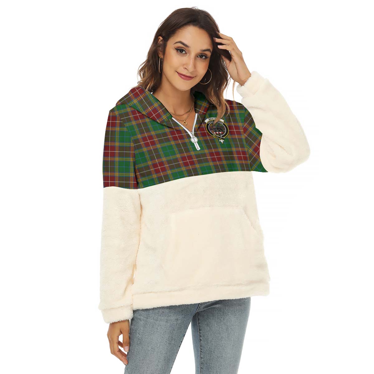 Baxter Tartan Women's Borg Fleece Hoodie With Half Zip with Family Crest Female - Tartanvibesclothing