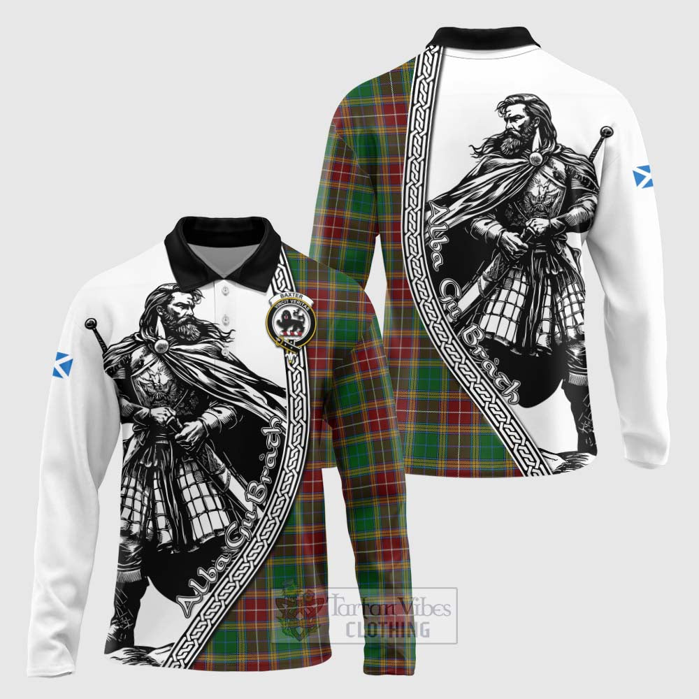 Tartan Vibes Clothing Baxter Tartan Clan Crest Long Sleeve Polo Shirt with Highlander Warrior Celtic Style