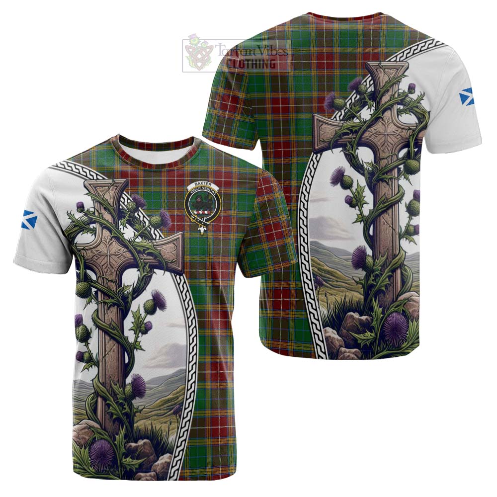 Tartan Vibes Clothing Baxter Tartan Cotton T-shirt with Family Crest and St. Andrew's Cross Accented by Thistle Vines