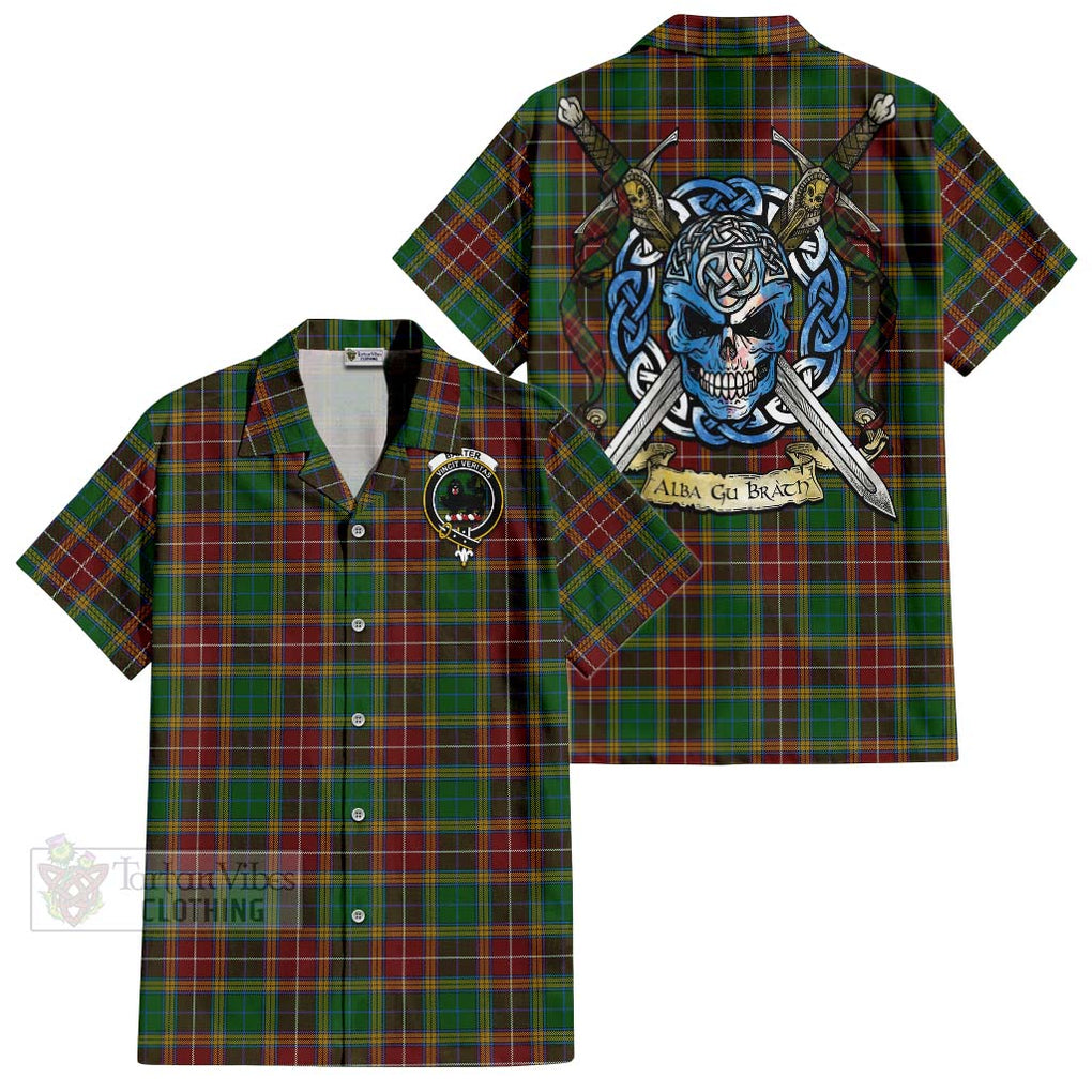 Tartan Vibes Clothing Baxter Tartan Short Sleeve Button Shirt with Family Crest Celtic Skull Style