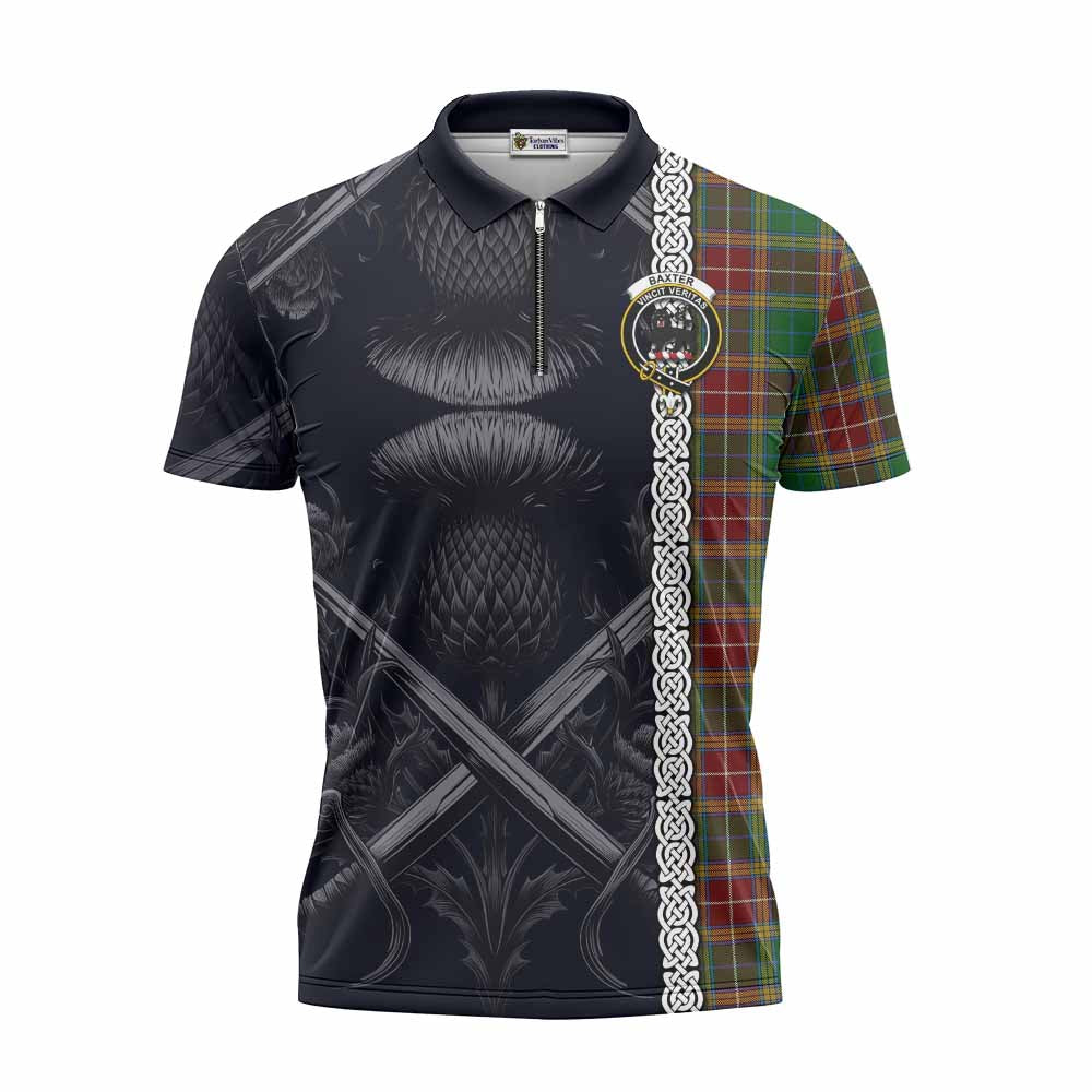 Tartan Vibes Clothing Baxter Tartan Zipper Polo Shirt with Family Crest Cross Sword Thistle Celtic Vibes